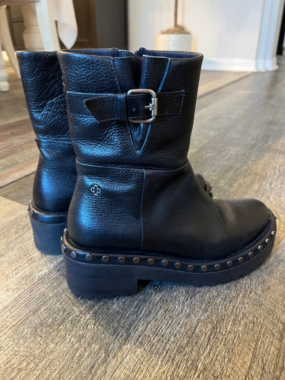 Black Stud-Trim Leather Moto Boot with Buckle Strap - Women